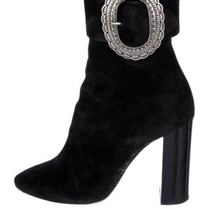 YSL Lou Black Suede Ankle Boots with Silver Buckle